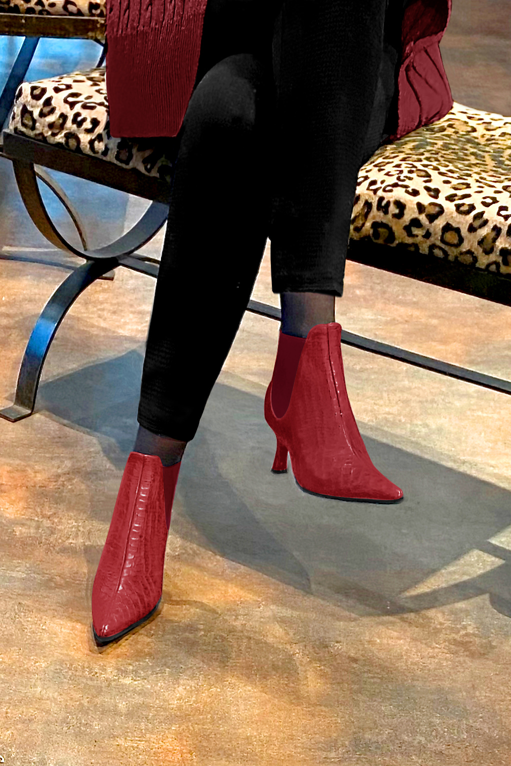 Scarlet red women's ankle boots, with elastics. Pointed toe. Medium spool heels. Worn view - Florence KOOIJMAN